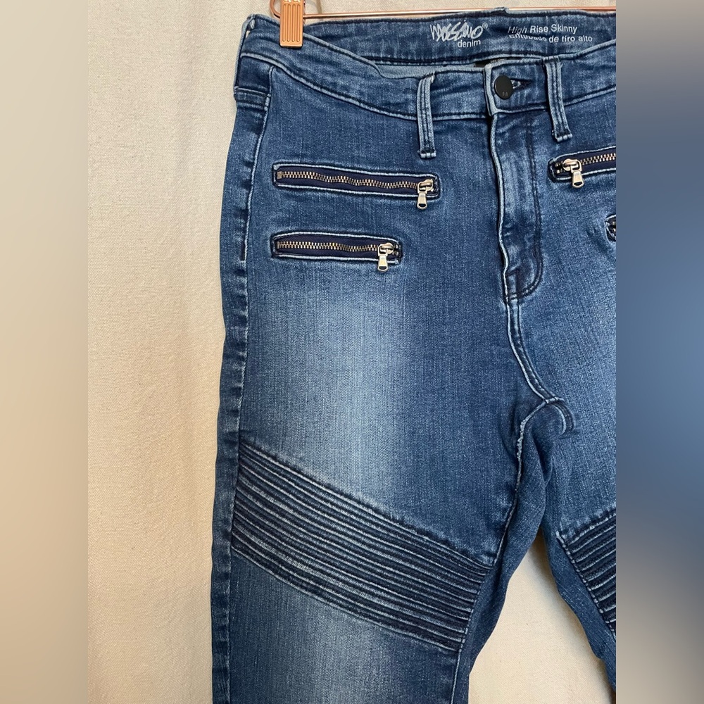 Blue Denim Moto Jeans with Zipper Details